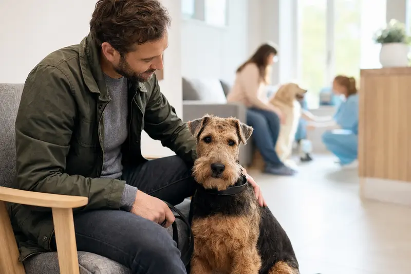 Ein Lakeland-Terrier sitzt ruhig neben seinem Besitzer im hellen Wartezimmer einer modernen Tierarztpraxis.